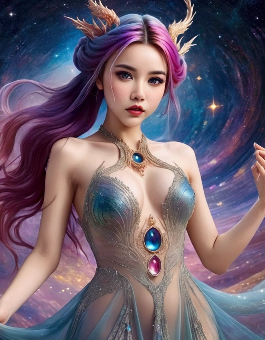 A lovely woman (age 25, sheer airy gown, dragon makeup, big eyes, colorful hair, dancing on a cosmic field of stars, trails of stardust and sparkles
