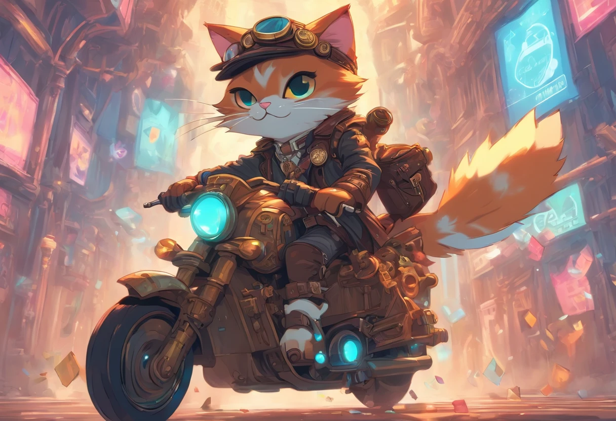Concept Art, A steampunk kitten with boots riding on an American bike,  moped with sunglasses, vector, geometric tshirt design