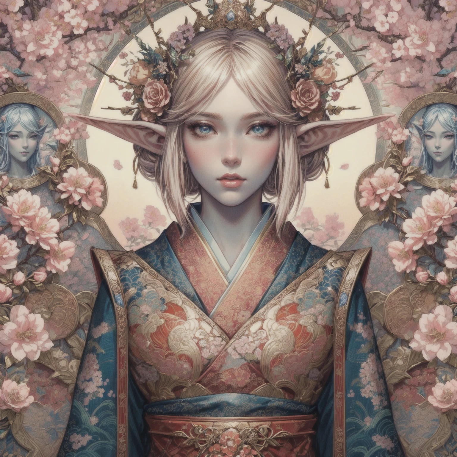 a painting of a woman with a flower crown, pop japonisme 3 d ultra detailed, beautiful elf with ornate robes, portrait of very beautiful elf, japanese art style, japanese goddess, japanese fantasy, beautiful fantasy art portrait, anime fantasy illustration, detailed fantasy digital art, digital fantasy art ), anime fantasy artwork, beautiful and elegant elf queen, beautiful fantasy portrait