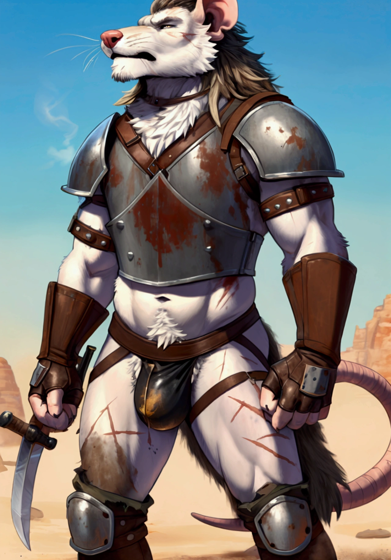 Solo Sexy anthro furry rat male mercenary medieval solider, slim endomorph muscular handsone model male apperance, sword scars, worn out rusty skimpy armament, low on hips heavy leather belt, old very worn out skimpy dirty white linen white material jockstrap, old yellow dried out cum stains, dirty worn out stains on white jockstrap, studded skimpy armlets breastplate armor, skimpy breastplate, leather bondages, fingerless leather gloves, smelly unwashed furr, dirty body look, blooded furr, blooded armor, desert battlefield, standing in sexy fighting position, close view of full character