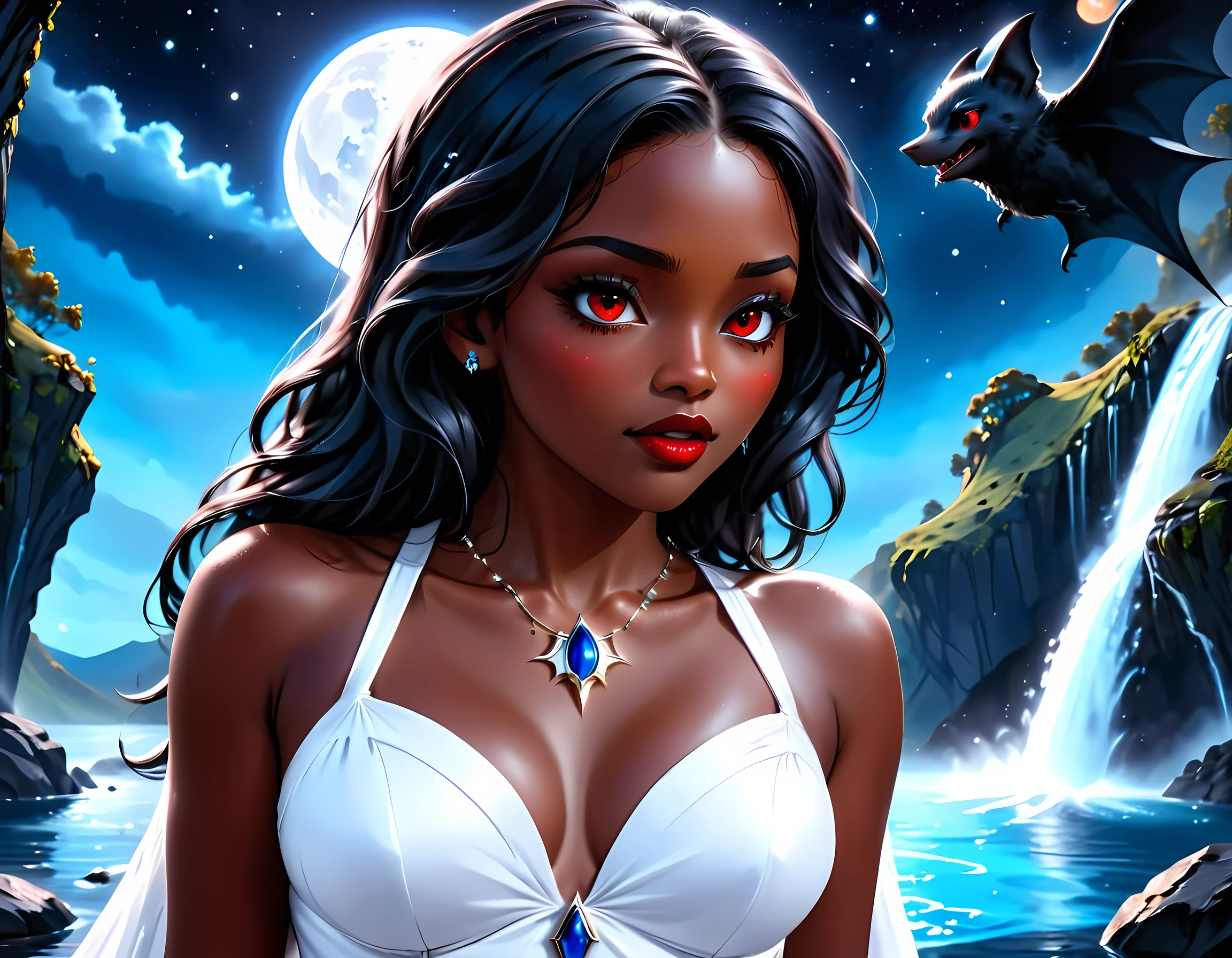 a picture of an exquisite beautiful female vampire standing under the starry night sky at the base of the waterfall, dynamic angle (ultra detailed, Masterpiece, best quality), ultra feminine, (black skin: 1.3),  dynamic hair color, wavy hair, dynamic eyes color, cold eyes, glowing eyes, intense eyes, dark red lips, wearing white dress (ultra detailed, Masterpiece, best quality), wearing blue cloak (ultra detailed, Masterpiece, best quality), long cloak, flowing cloak (ultra detailed, Masterpiece, best quality), wearing high heeled boots,  water coming down from a mountain, multi level water falls, several pools created in different levels, forming new waterfalls, water cascading into a pool steam rising, clear water in many hues of blue and azure falling, ultra best realistic, best details, best quality, 16k, [ultra detailed], masterpiece, best quality, (extremely detailed), ultra wide shot, photorealism, depth of field, hyper realistic painting, sky full of stars background, moon, bats flying about, high details, best quality, 8k, [ultra detailed], masterpiece, best quality, (ultra detailed), full body, ultra wide shot, photorealism, dark fantasy art, dark fantasy art, gothic art, many stars, dark fantasy art, gothic art, sense of dread, Intense gaze, magical sky