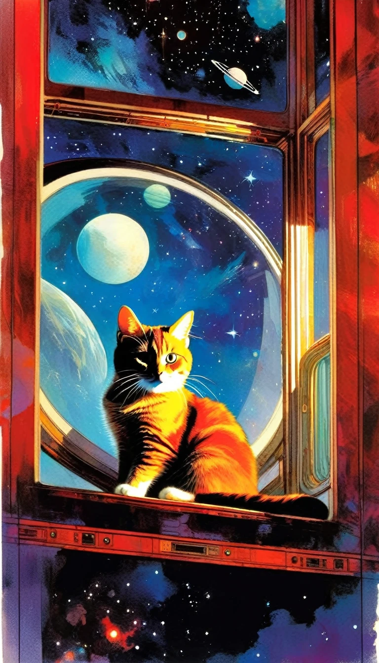 a communist astronaut cat in the spaceship cabin, window with a view of space, art inspired by Bill Sienkiewicz
