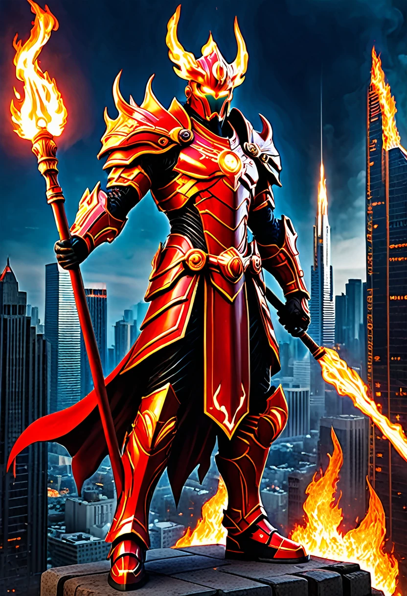 In a burning metropolis, a majestic fire guardian watches over the city. Clad in flaming red armor and holding a staff of energy, he embodies both divine power and advanced technology.