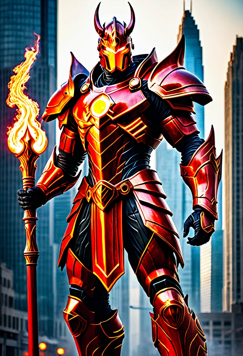 In a burning metropolis, a majestic fire guardian watches over the city. Clad in flaming red armor and holding a staff of energy, he embodies both divine power and advanced technology.