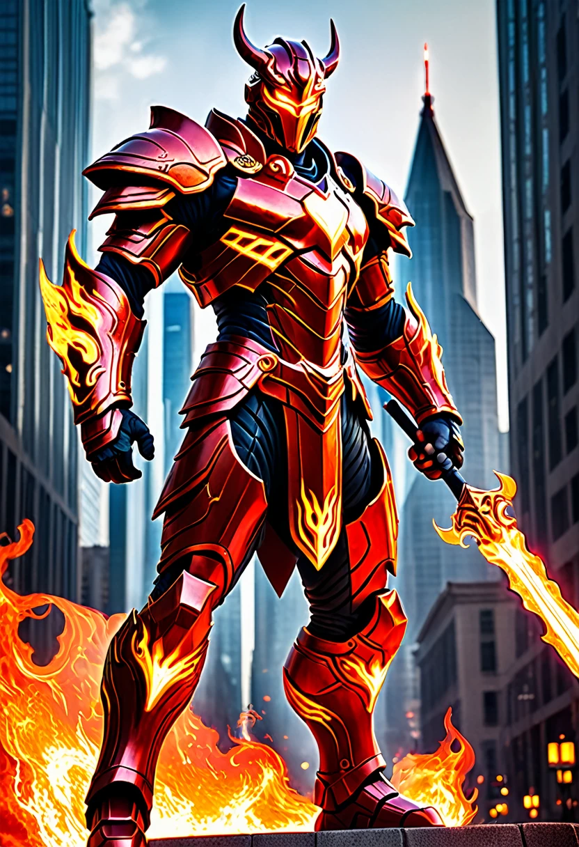 In a burning metropolis, a majestic fire guardian watches over the city. Clad in flaming red armor and holding a staff of energy, he embodies both divine power and advanced technology.