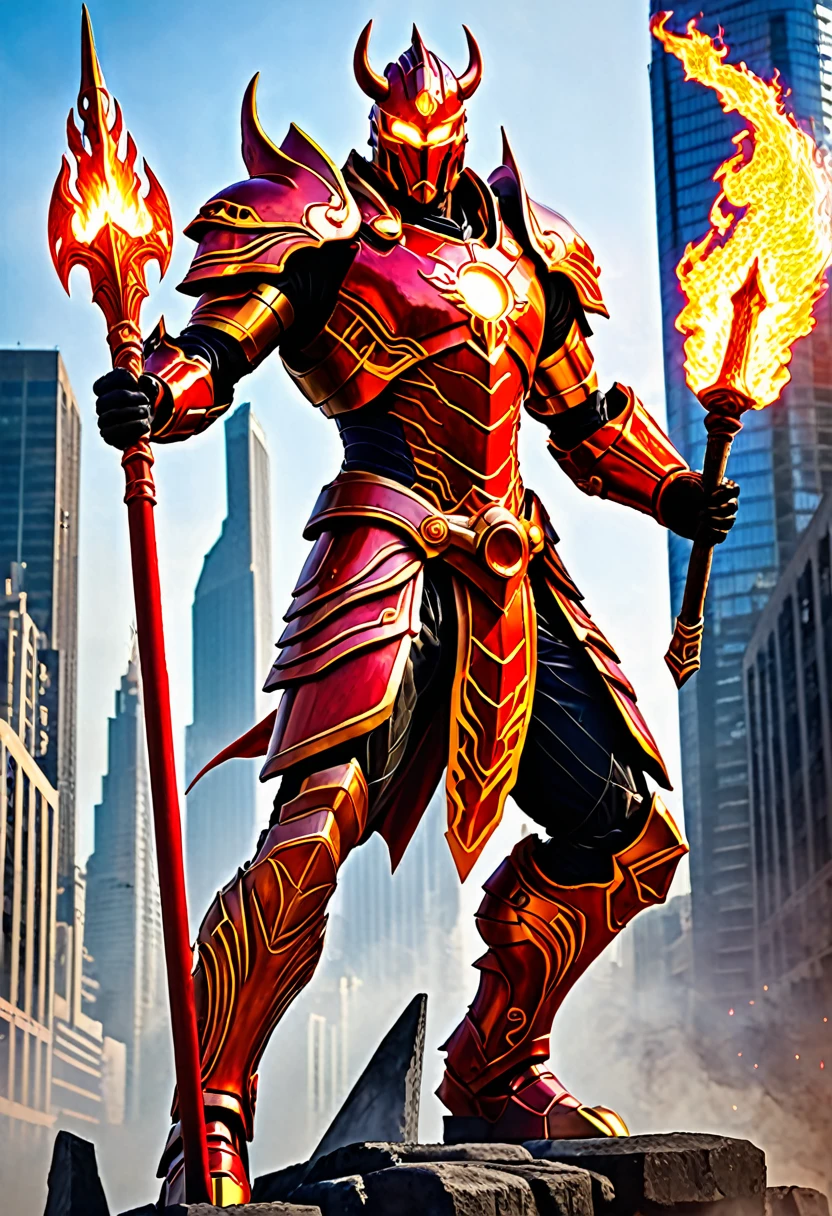 In a burning metropolis, a majestic fire guardian watches over the city. Clad in flaming red armor and holding a staff of energy, he embodies both divine power and advanced technology.