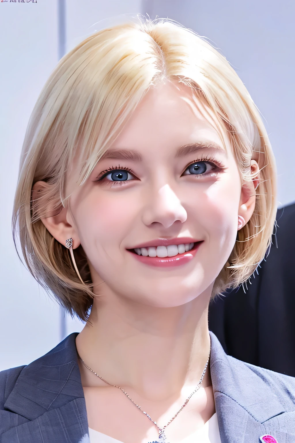 8K、highest quality、Blonde Hair、Blue eyes、White women、Short Haircut、Ear piercing、necklace、smile、Beautiful teeth alignment、Office Lady Suits、The background is the office