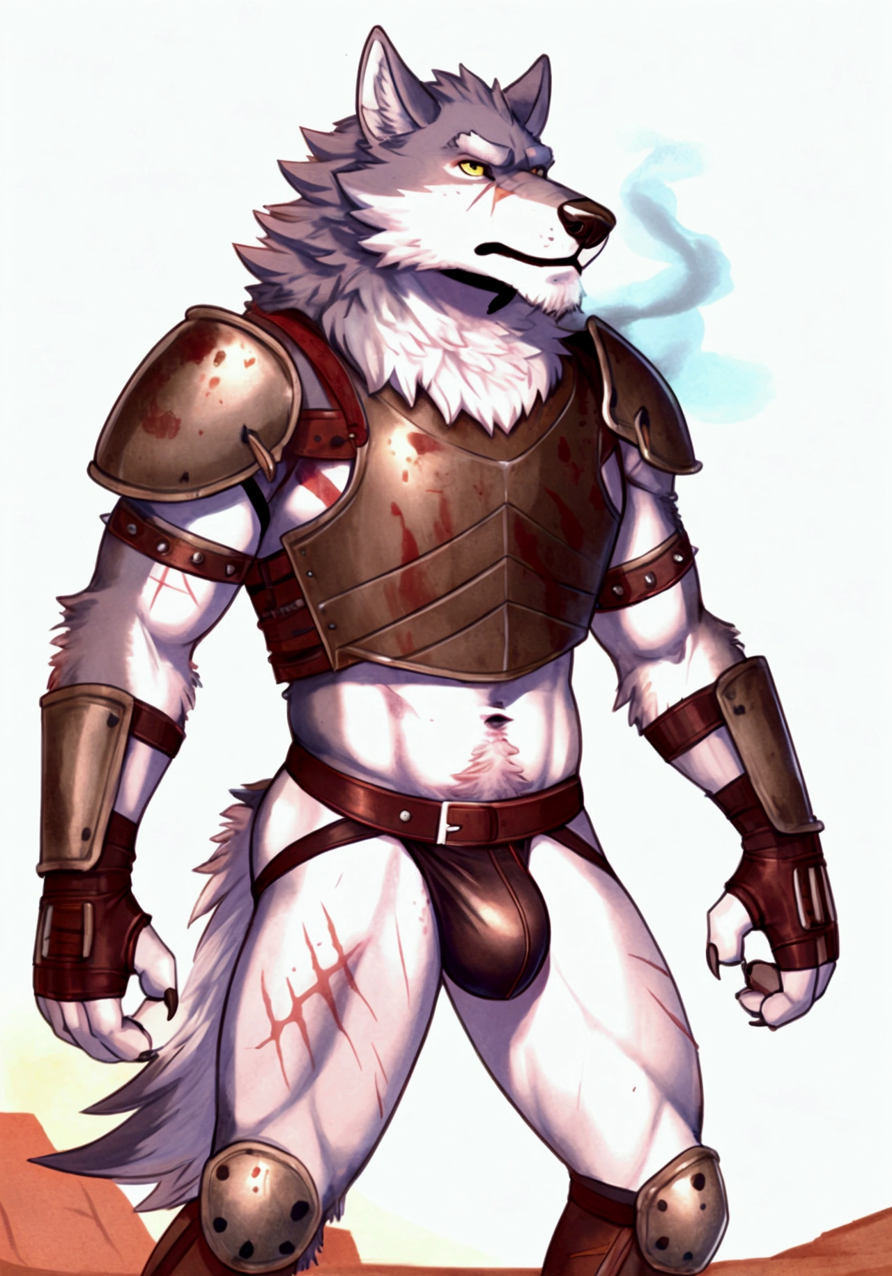 Solo Sexy anthro furry wolf male mercenary medieval solider, slim endomorph muscular handsone model male apperance, sword scars, worn out rusty skimpy armament, low on hips heavy leather belt, old very worn out skimpy dirty white linen white material jockstrap, old yellow dried out cum stains, dirty worn out stains on white jockstrap, studded skimpy armlets breastplate armor, skimpy breastplate, leather bondages, fingerless leather gloves, smelly unwashed furr, dirty body look, blooded furr, blooded armor, desert battlefield, standing in sexy fighting position, close view of full character