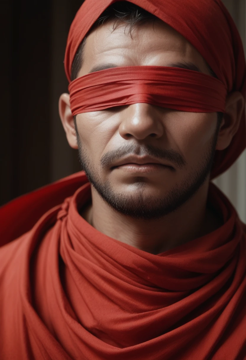 arafed man with red cloth covering his eyes and nose, red cloth around his shoulders, blindfolded. And his mouth also taped with red cloth