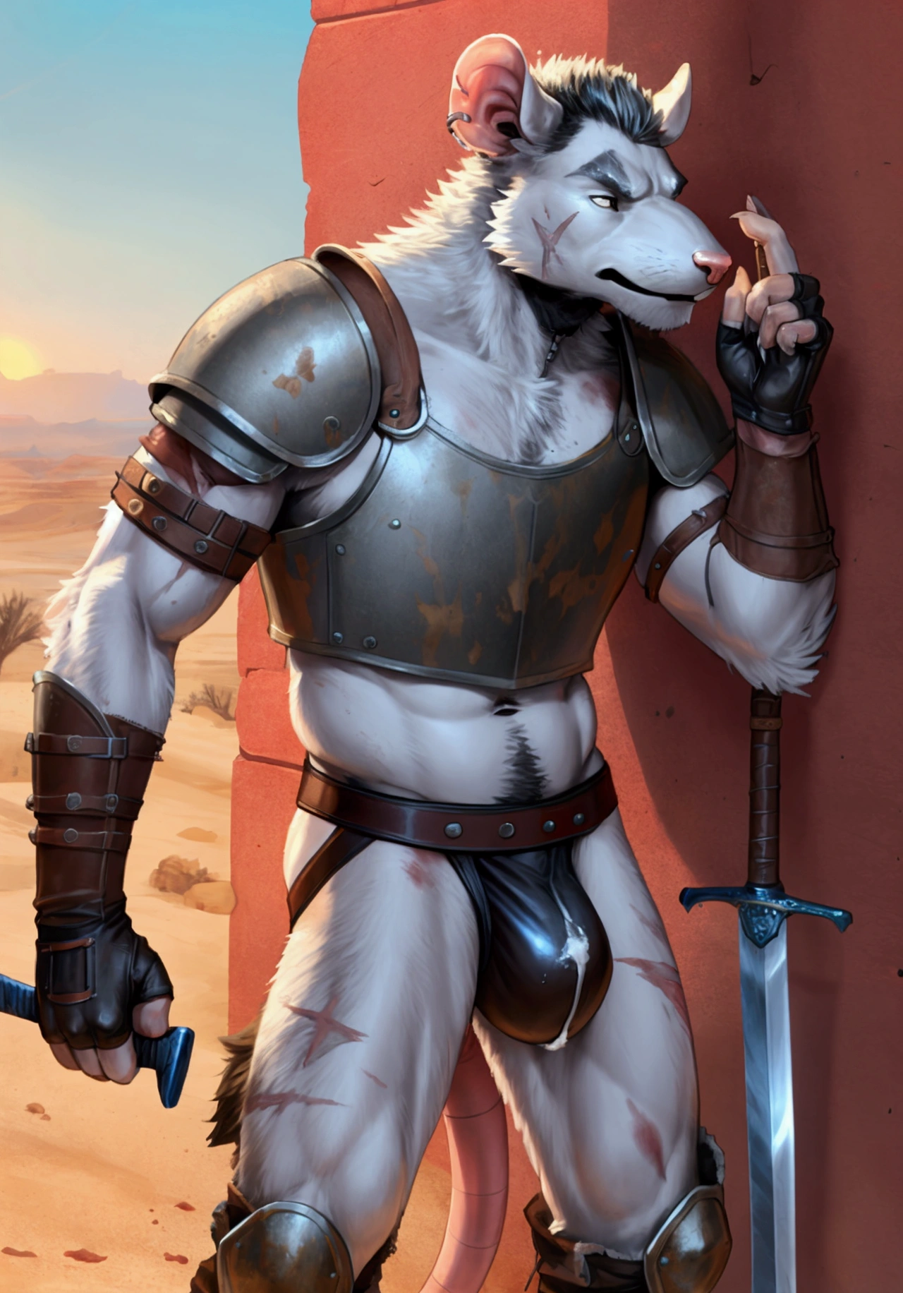 Solo Sexy anthro furry rat male mercenary medieval solider, slim endomorph muscular handsone model male apperance, sword scars, worn out rusty skimpy armament, low on hips heavy leather belt, old very worn out skimpy dirty white linen white material jockstrap, old yellow dried out cum stains, dirty worn out stains on white jockstrap, studded skimpy armlets breastplate armor, skimpy breastplate, leather bondages, fingerless leather gloves, smelly unwashed furr, dirty body look, blooded furr, blooded armor, desert battlefield, standing in sexy fighting position, close view of full character
