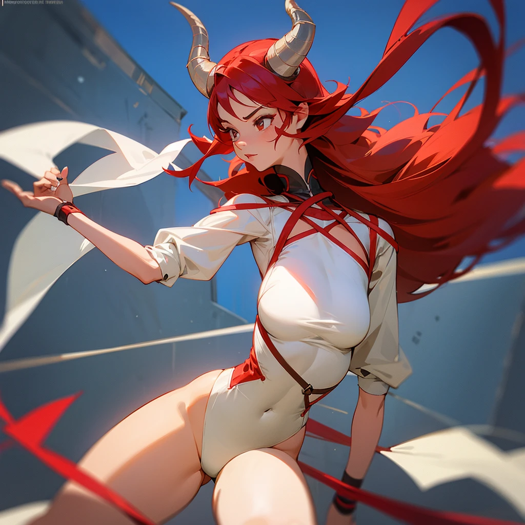 a caricature of an adult female fencer with red hair and very small horns on her head big breasts 20 years old