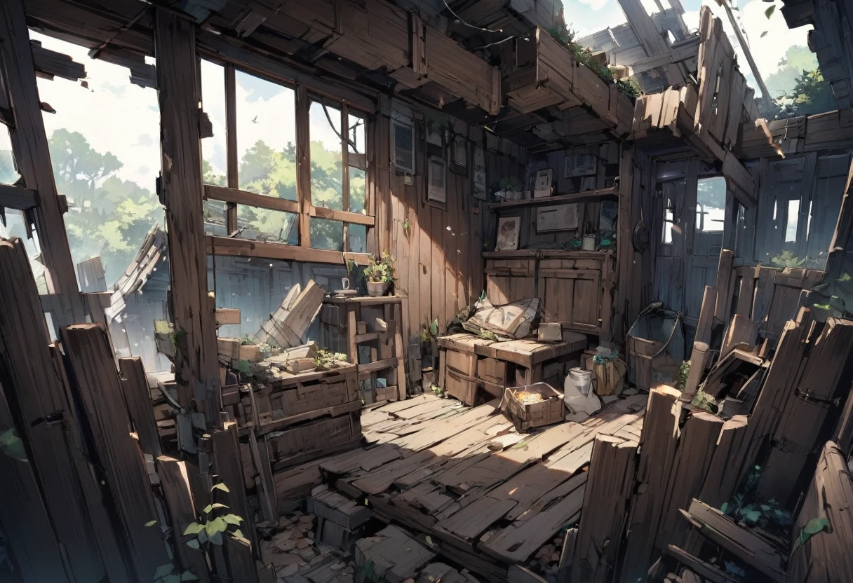 Closed、Inside the dilapidated wooden captain's cabin, Liquor bottles are scattered around