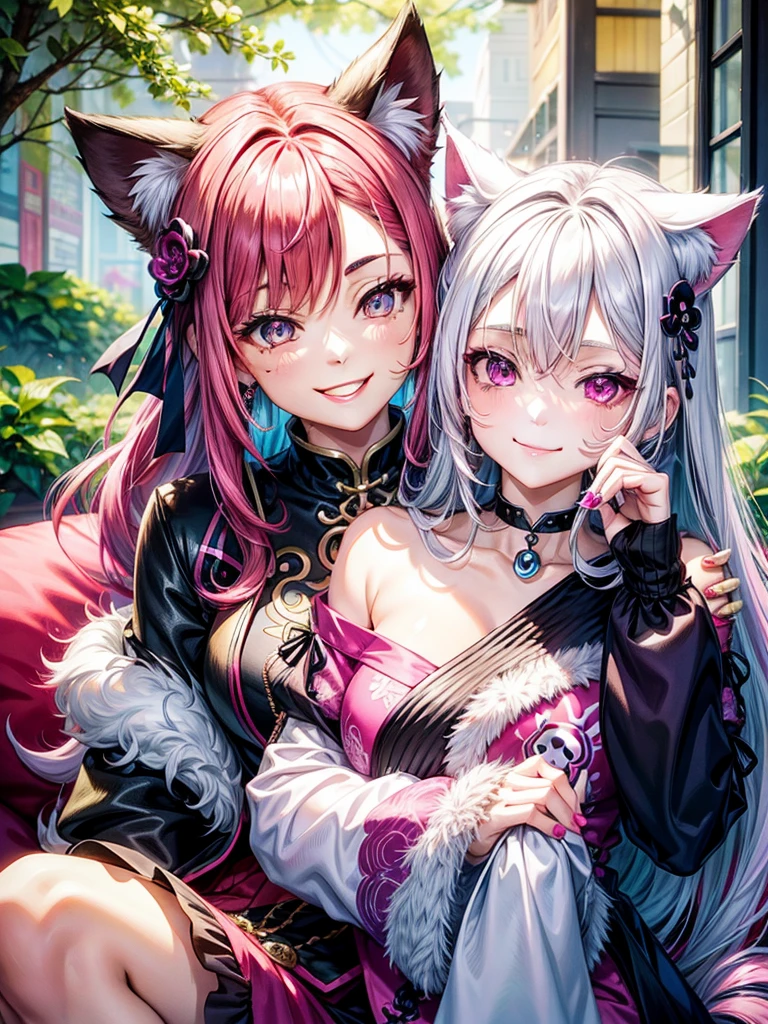 Magenta hair, hazel eyes, older woman, hair jewel ornament, cat ears, long hair, smiling face, bright colors, chines clothes, pastel colors, skull panda