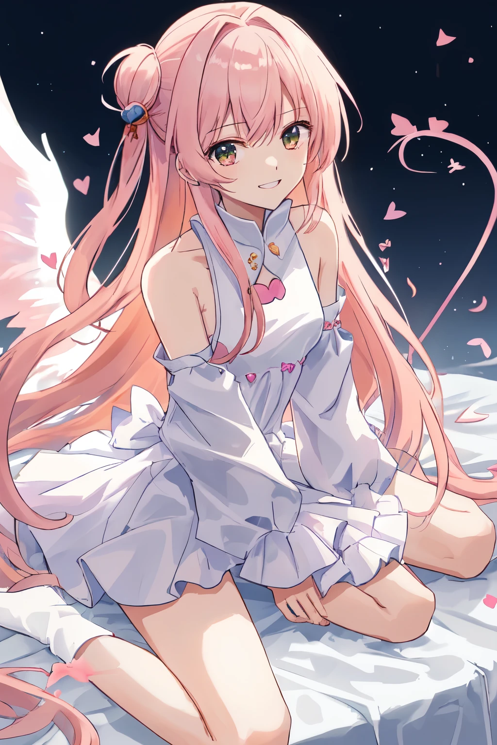1_girl, (anime, kawai:2), (masterpeice, best_quality, clean:1.5), (sky_background:1.2), (cute, cute_smile, wholesome, young:2), (delicate, extremely_delicate, beautiful, thin:1.5), (girlfriend, angel:1.8), (green_eyes, simple_eyes:1.8) (long_hair, blond_hair:1.8), (combat:1.2), (wearing_pink_dress, pink_angel_wings:1.8), (combat:1.2), extremely_delicate, (love_magic:1.5), (age_size_fits_body), (small_thighs:1.3), (breasts), (eye_level:1.3), (heart_magic, love:1.8), (warm:1.8), (folded_legs:1.5)