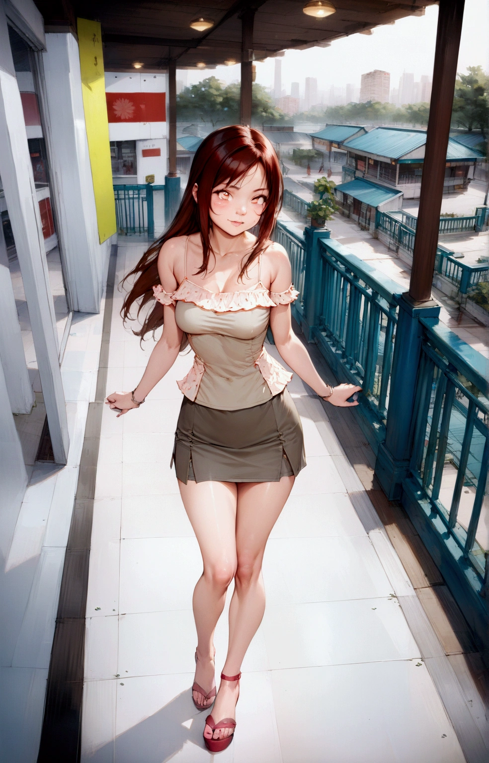 realistic anime of a beautiful woman is standing on shopping mall 's balcony, (she has dyed brown long hair, forehead ), (wearing beige spaghetti strap with top edge frings, khaki pencil skirt, red heel sandals), (1girl, solo, full body), (masterpiece, best quality, expressive eyes, perfect face, japanese anime style)
