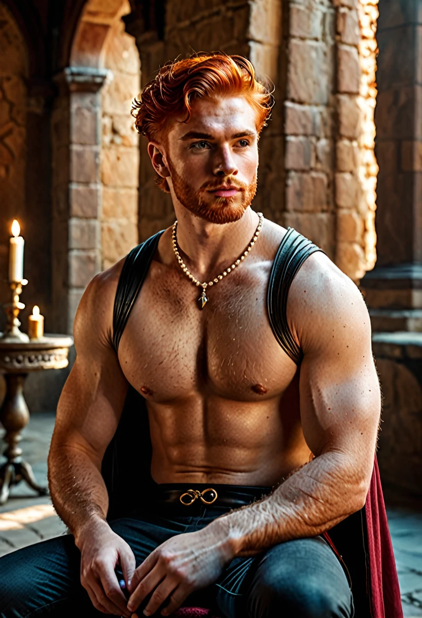 rosto realisitic ((Artwork)), ((best quality:1.2)), high resolution, 8k, (ultra_realisitic:1.3), (photorealisitic:1.4), cinematic, dynamic lighting, (detailed back ground), Depth of field, Intricate, 8k, skin detailed, (large pectorals:1), pectorals, abdomen, photo of a handsome man, Sexyroyalty, tails, jewelery, necklase, cape, bracelete, bracelet, ring, shorth hair, sitting in the throne, medieval castle indoors, very handsome redhead man, manly face, well-defined body, In 4k, candles in the background, Lumiere, cinematic Lumiereing. fot, Rosto realisitic simétrico detalhado, extremely detaild natural texture, peach fuzz, Red hair, work of art, absurderes, nikon d850 film stock fot, Kodak Portra 400 F1 Camera.6 lenses, extremely detaild, incredible, fine-details , textura hiper-realisitic realisitic, dramatic Lumiereing, engine unreal, trends in artstation, cinestill 800 tungsten, looking ahead at viewer, foto realisitic, CRU photo, Tanvir Tamim, high qualiy, high resolution, sharp focus, extremely detaild, cinematic Lumiereing, 8k hd, -Imagine