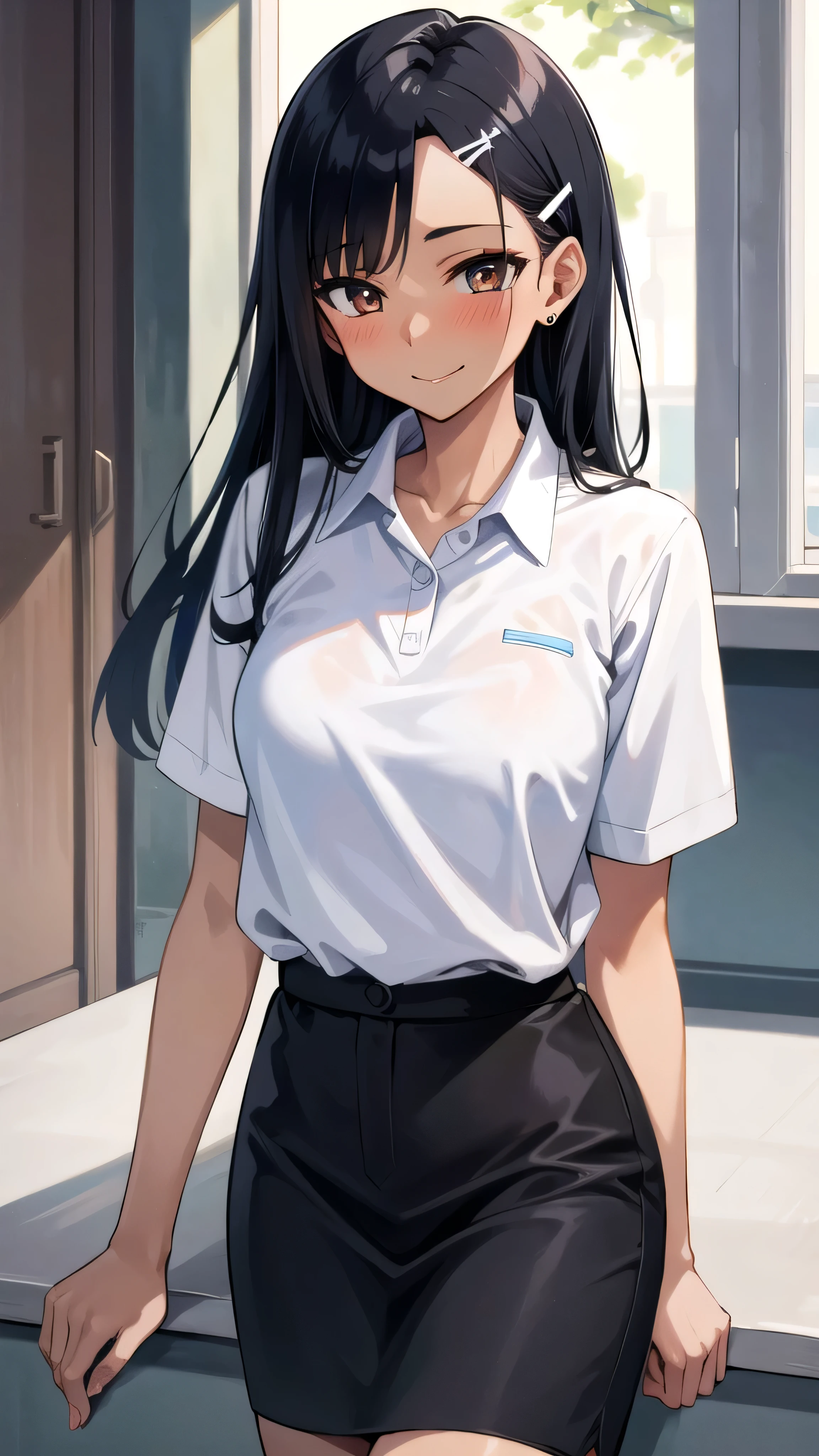 ((best quality)), ((masterpiece)), (details), one girl, sexy ((best quality)), ((masterpiece)), (details), one girl, sexy ((best quality)), ((masterpiece)), (details), one girl, full body, sexy expensive body, expensive, long legs, mature woman, mature, adult, it_nagatoro_main, Hayase Nagatoro, one girl, blushing, alone, white polo shirt, short sleeves, black hair,brown eyes, hair accessory, looking at viewer, hair clip, smiling, long hair, dark skinned woman, dark skin, , bangs, daytime, skirt, collared shirt, collarbone, ear clip, mouth closed, tree, asymmetrical bangs, upper body