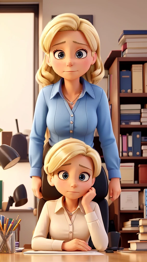 a middle-aged woman, around 40 years old in an office, she has blonde hair, she is worried, she is looking for important papers on her desk, She's worried;