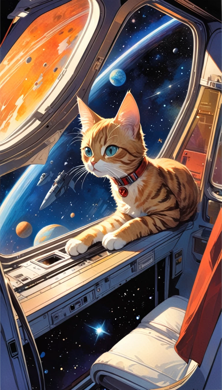 a communist astronaut cat in the spaceship cabin, window with a view of space, art inspired by Bill Sienkiewicz
