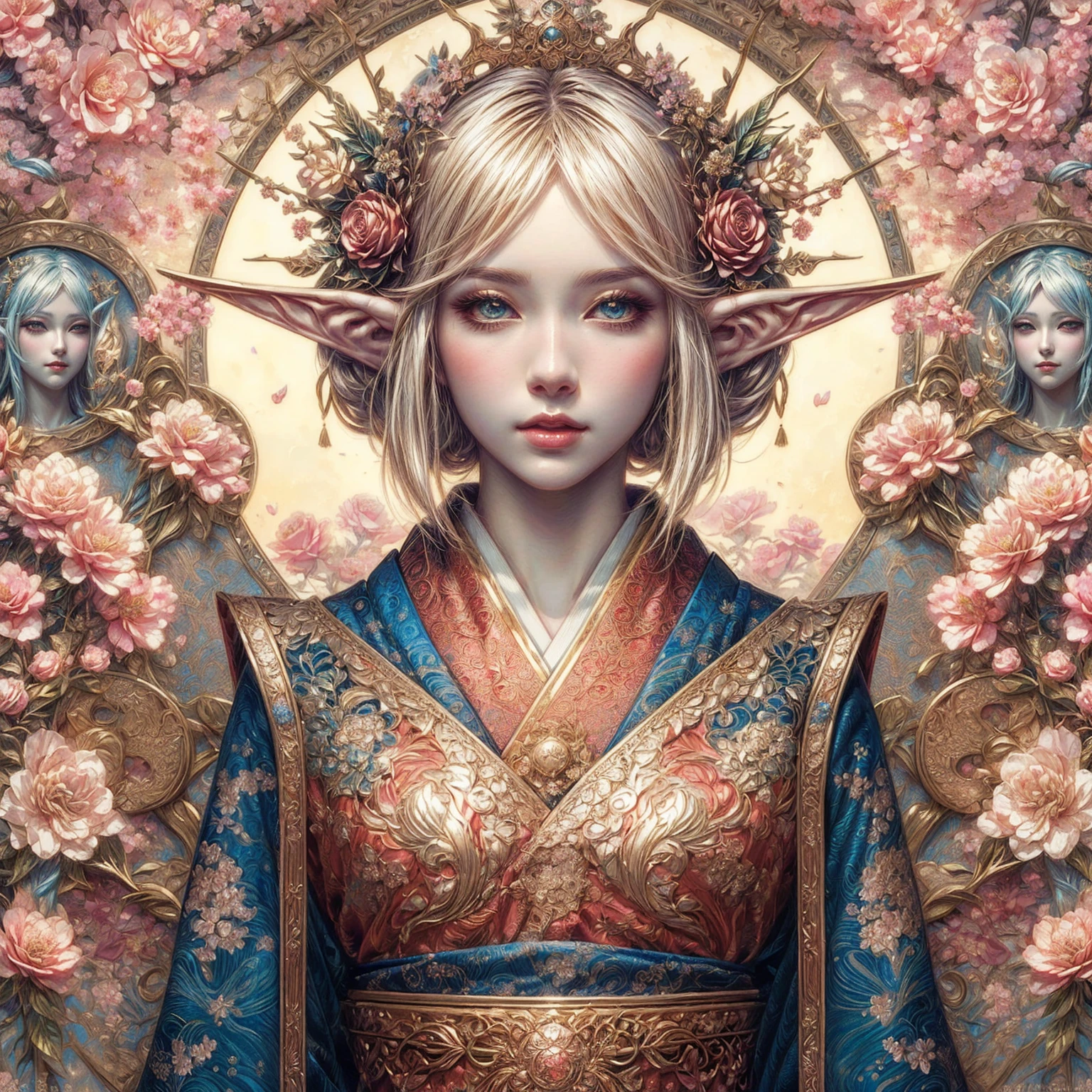 a painting of a woman with a flower crown, pop japonisme 3 d ultra detailed, beautiful elf with ornate robes, portrait of very beautiful elf, japanese art style, japanese goddess, japanese fantasy, beautiful fantasy art portrait, anime fantasy illustration, detailed fantasy digital art, digital fantasy art ), anime fantasy artwork, beautiful and elegant elf queen, beautiful fantasy portrait