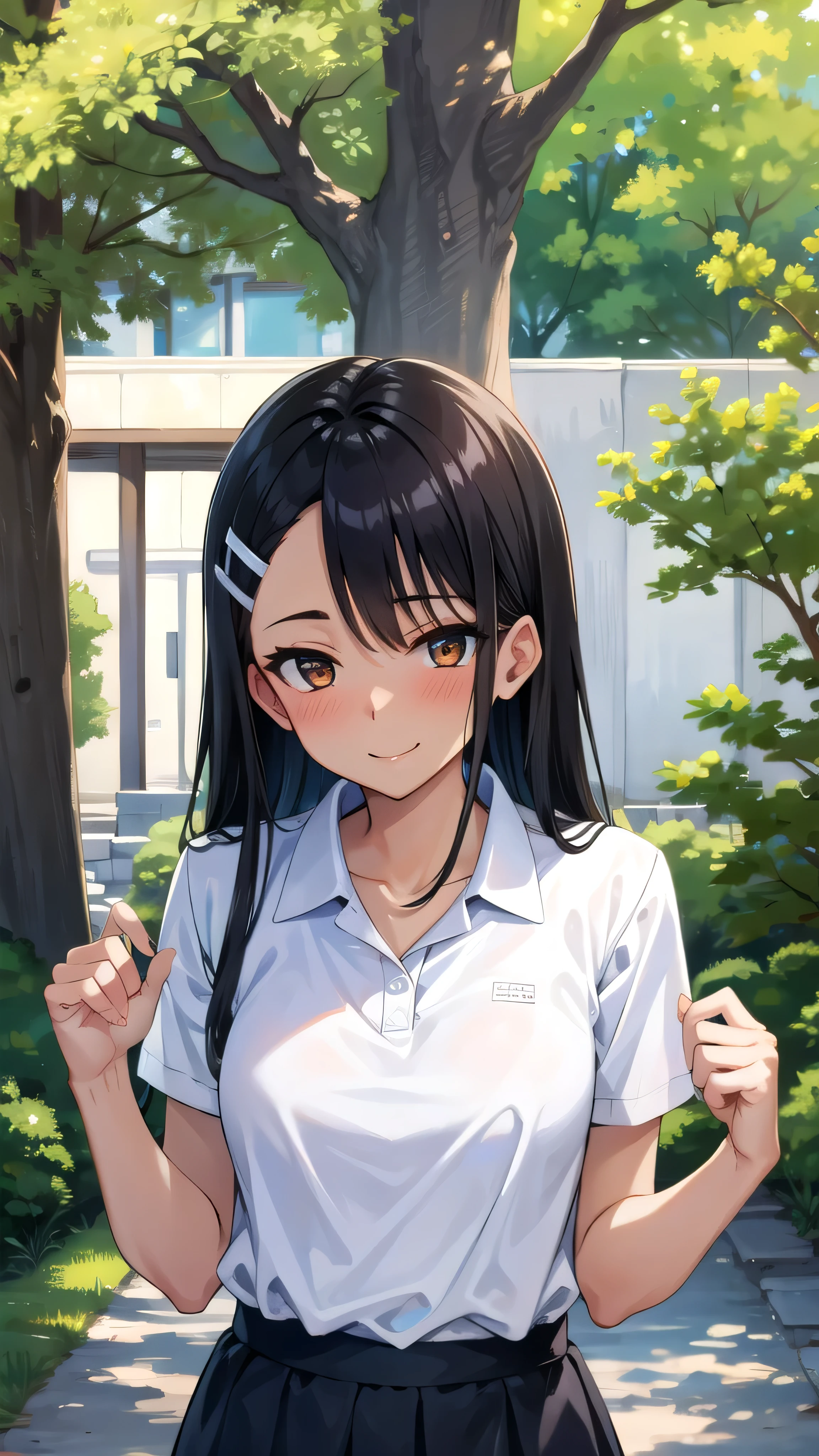 ((best quality)), ((masterpiece)), (details), one girl, sexy ((best quality)), ((masterpiece)), (details), one girl, sexy ((best quality)), ((masterpiece)), (details), one girl, full body, sexy expensive body, expensive, long legs, mature woman, mature, adult, it_nagatoro_main, Hayase Nagatoro, one girl, blushing, alone, white polo shirt, short sleeves, black hair,brown eyes, hair accessory, looking at viewer, hair clip, smiling, long hair, dark skinned woman, dark skin, , bangs, daytime, skirt, collared shirt, collarbone, ear clip, mouth closed, tree, asymmetrical bangs, upper body
