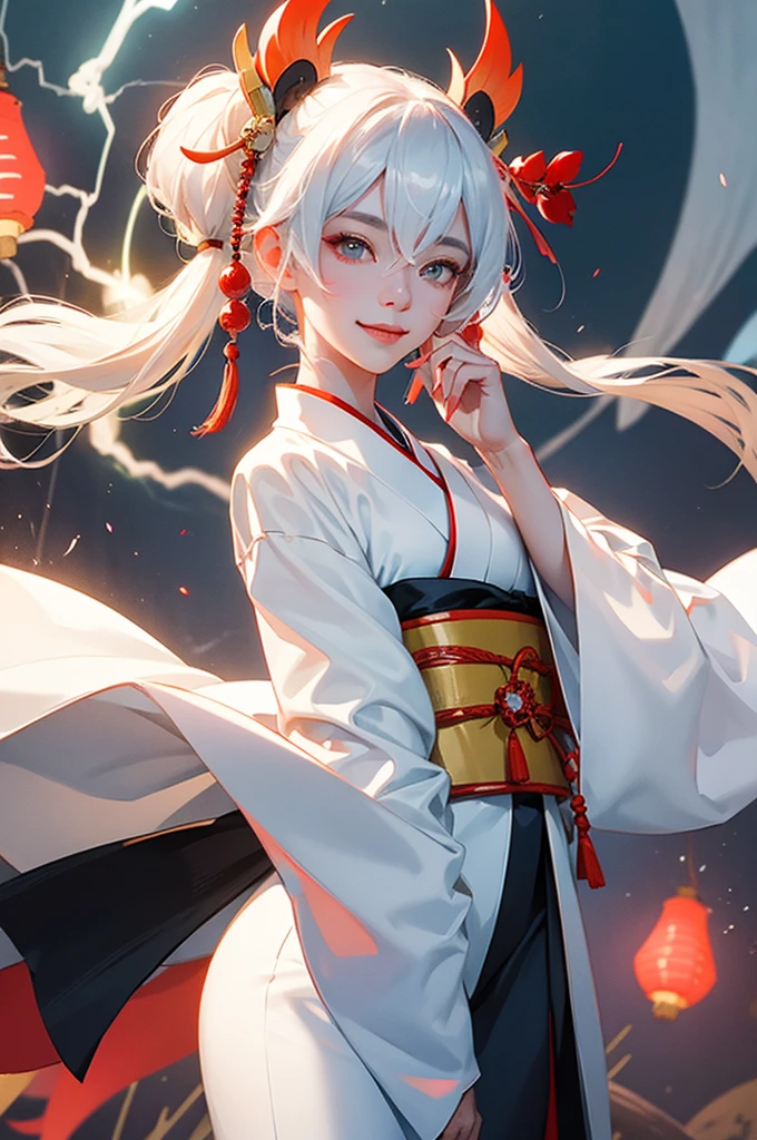 A beautiful woman in a white kimono, smiling fearlessly, as a Japanese onmyoji holds a talisman and manipulates lightning