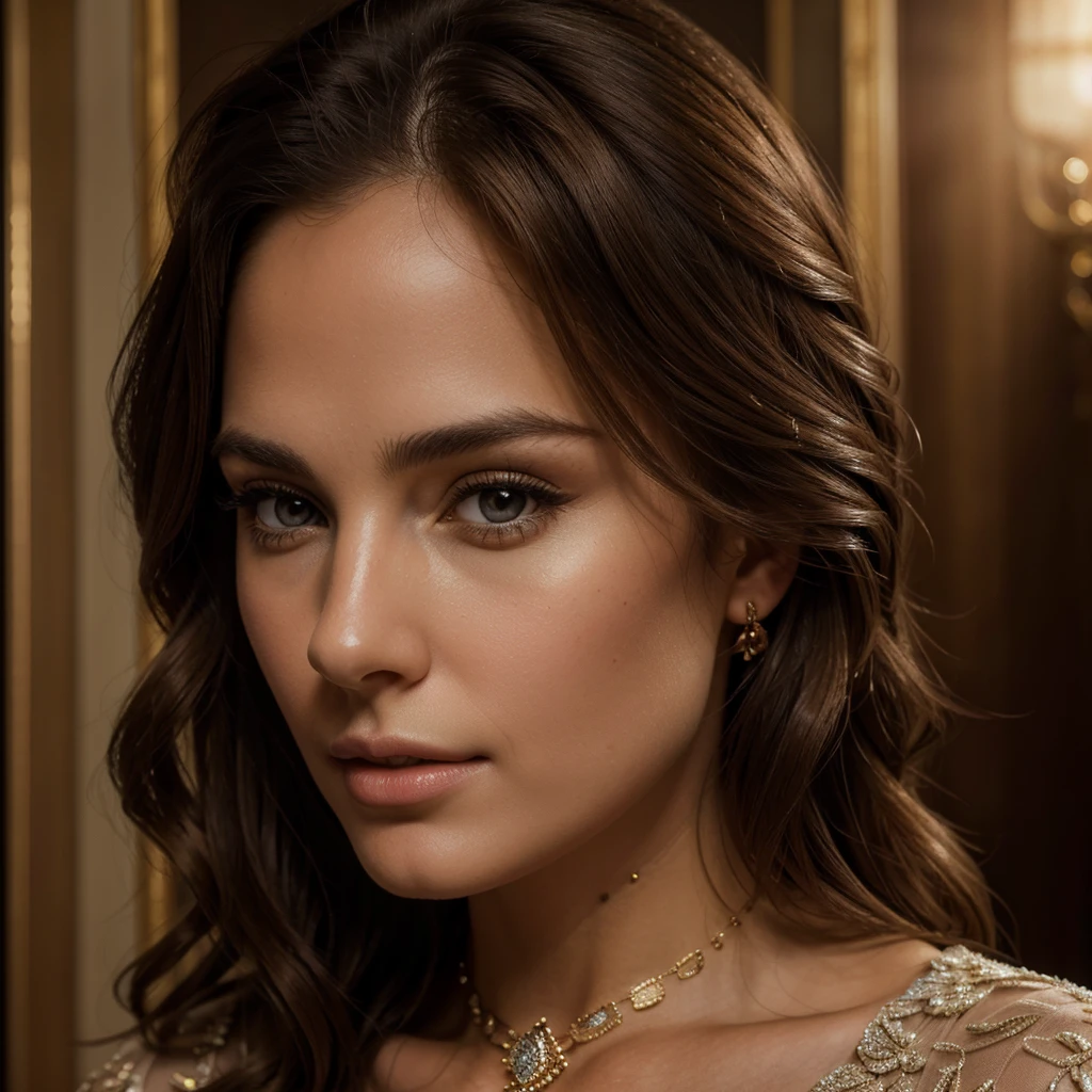 a beautiful brown-haired franco-american woman, photorealistic, (best quality,4k,8k,highres,masterpiece:1.2),ultra-detailed,(realistic,photorealistic,photo-realistic:1.37),detailed face, beautiful detailed eyes, beautiful detailed lips, extremely detailed eyes and face, long eyelashes, elegant hairstyle, intricate jewelry, luxurious dress, confident expression, dynamic pose, dramatic lighting, warm color palette