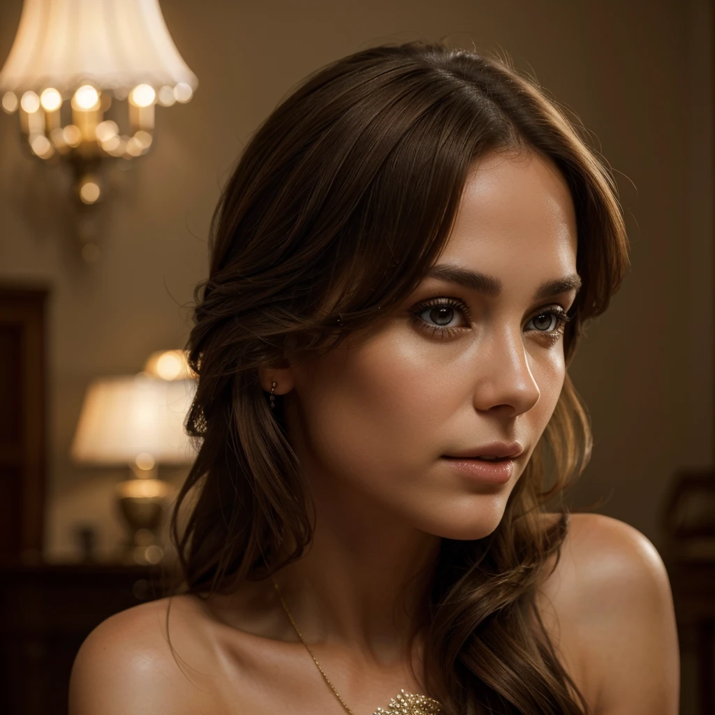 a beautiful brown-haired franco-american woman, photorealistic, (best quality,4k,8k,highres,masterpiece:1.2),ultra-detailed,(realistic,photorealistic,photo-realistic:1.37),detailed face, beautiful detailed eyes, beautiful detailed lips, extremely detailed eyes and face, long eyelashes, elegant hairstyle, intricate jewelry, luxurious dress, confident expression, dynamic pose, dramatic lighting, warm color palette