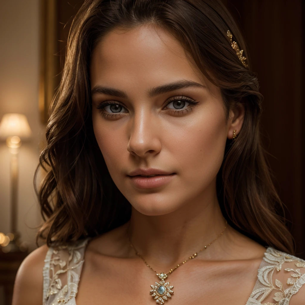 a beautiful brown-haired franco-american woman, photorealistic, (best quality,4k,8k,highres,masterpiece:1.2),ultra-detailed,(realistic,photorealistic,photo-realistic:1.37),detailed face, beautiful detailed eyes, beautiful detailed lips, extremely detailed eyes and face, long eyelashes, elegant hairstyle, intricate jewelry, luxurious dress, confident expression, dynamic pose, dramatic lighting, warm color palette