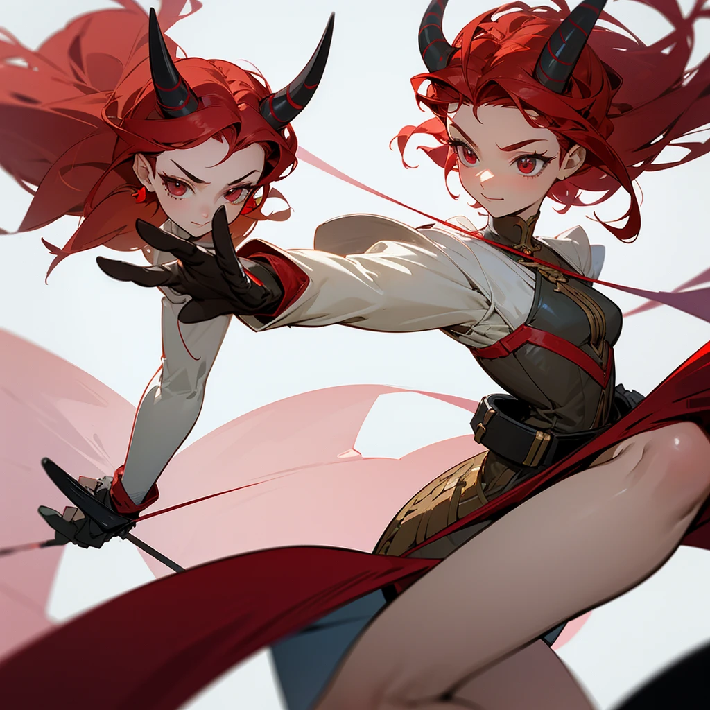 a caricature of an adult female fencer with red hair and very small horns on her head aged 20 years old