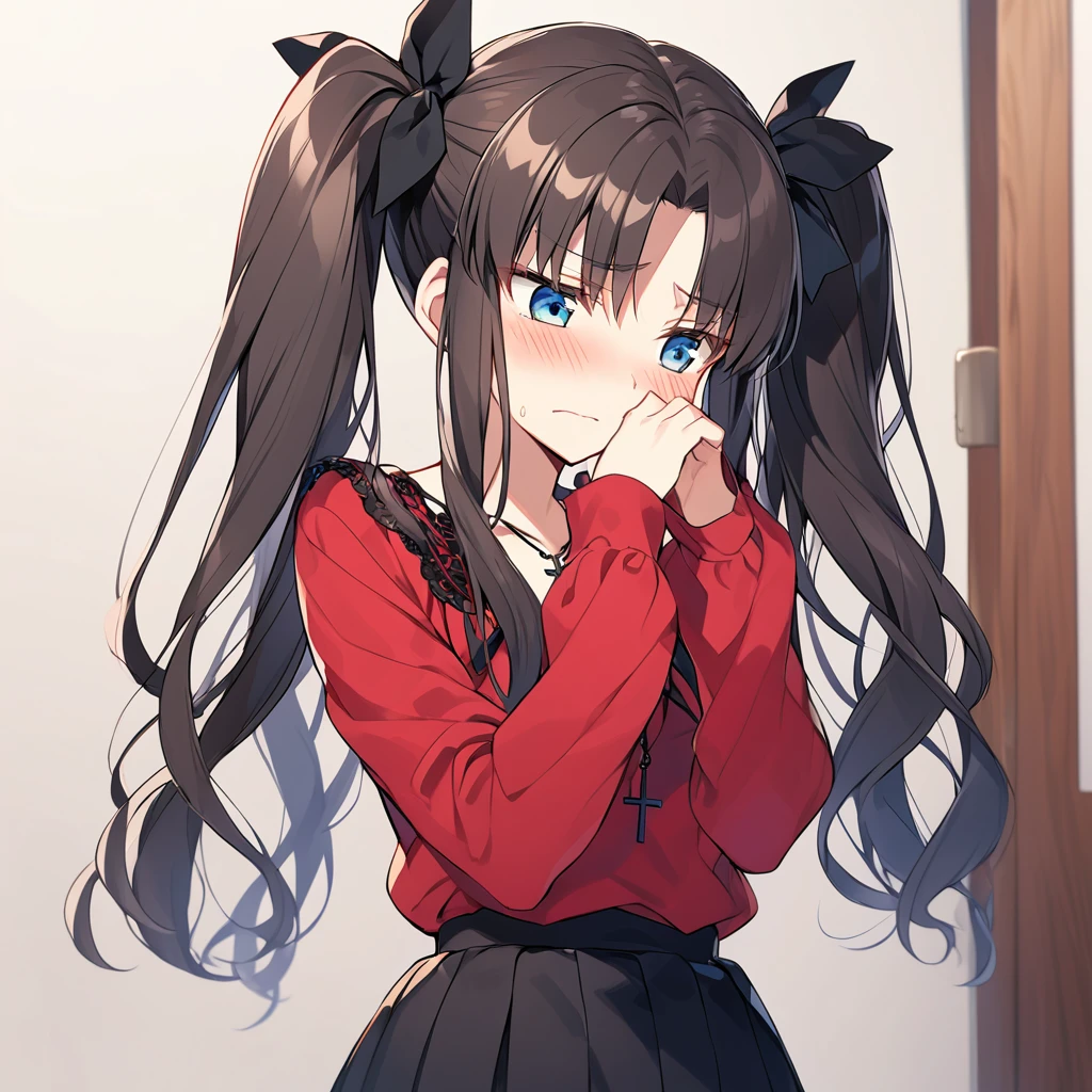 fate stay night, Tohsaka Rin(black twin-tails hair, long sleeves red blouse, black skirt, light blue eyes, cross necklace), shy