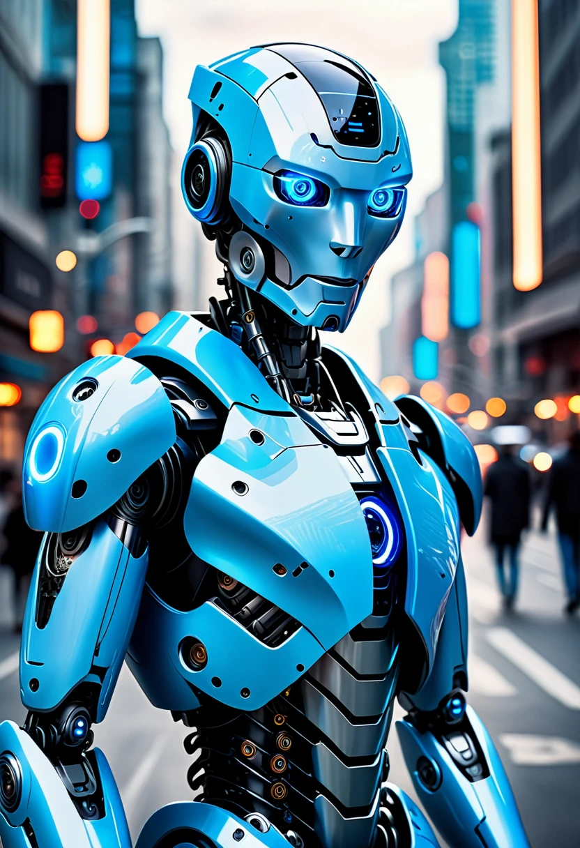 A humanoid robot of sophisticated design patrols the streets of a futuristic city. Its eyes and hands glow blue, symbolizing both its advanced technology and its mission to protect.