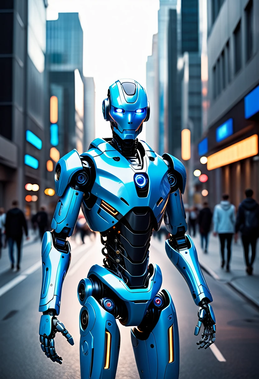 A humanoid robot of sophisticated design patrols the streets of a futuristic city. Its eyes and hands glow blue, symbolizing both its advanced technology and its mission to protect.