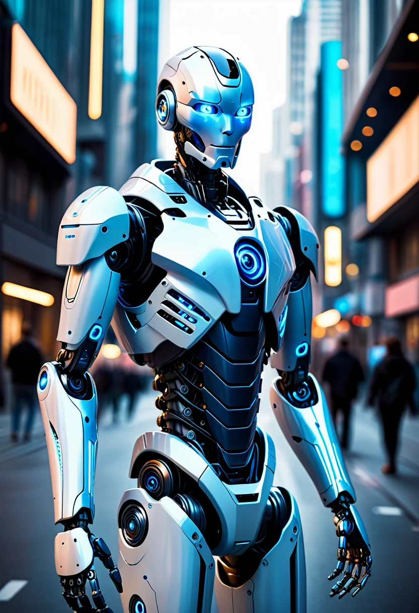 A humanoid robot of sophisticated design patrols the streets of a futuristic city. Its eyes and hands glow blue, symbolizing both its advanced technology and its mission to protect.