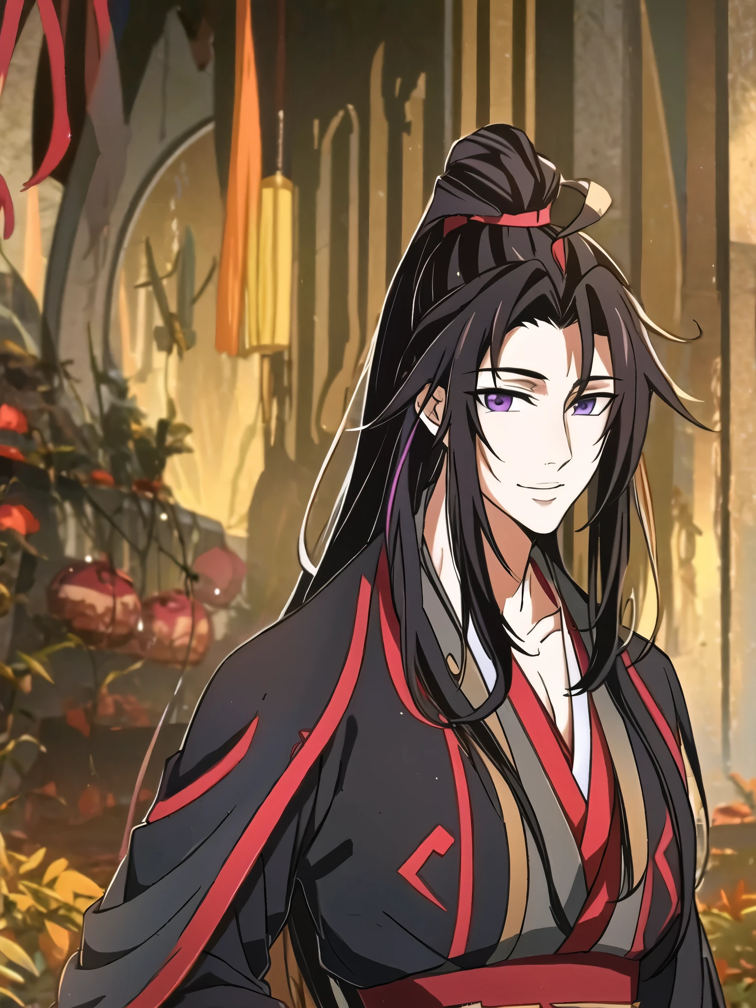 (masterpiece, best quality: 1.2), 1 male, 18 years old, solo, wei wuxian, mo dao zu shi, mdzs, black-red-purple clothes, purple eyes, long flowing black-purple ombre hair, perfect anatomy