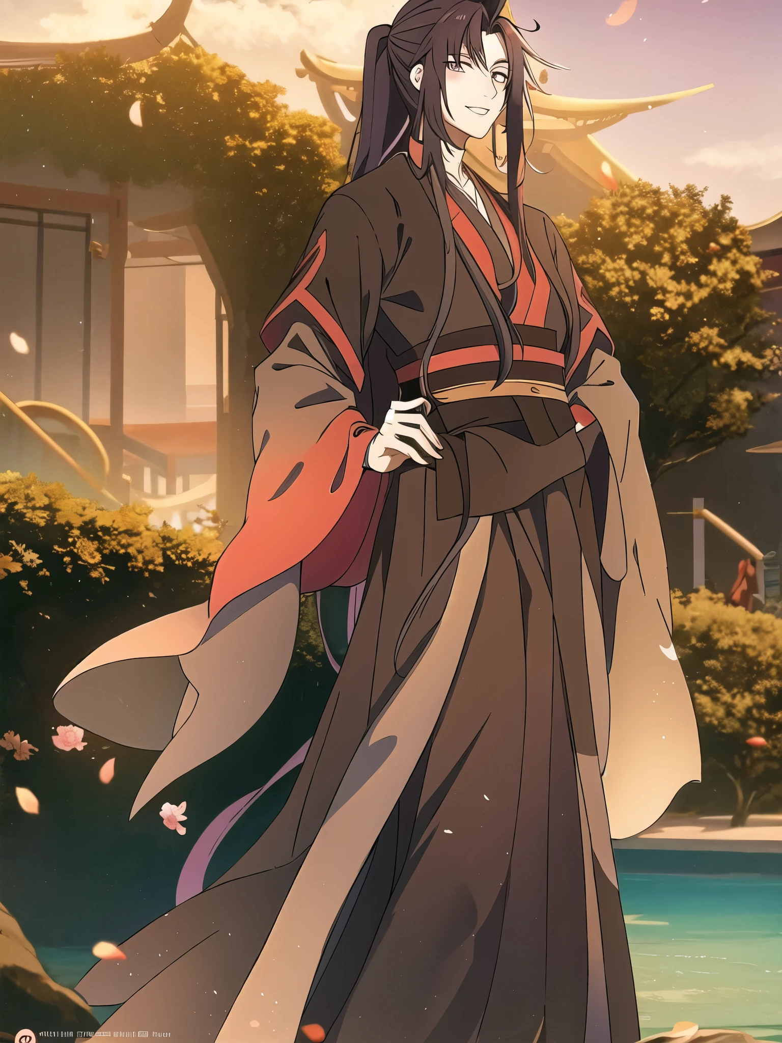 (masterpiece, best quality: 1.2), 1 male, 18 years old, solo, wei wuxian, mo dao zu shi, mdzs, black-red-purple clothes, purple eyes, long flowing black-purple ombre hair, perfect anatomy