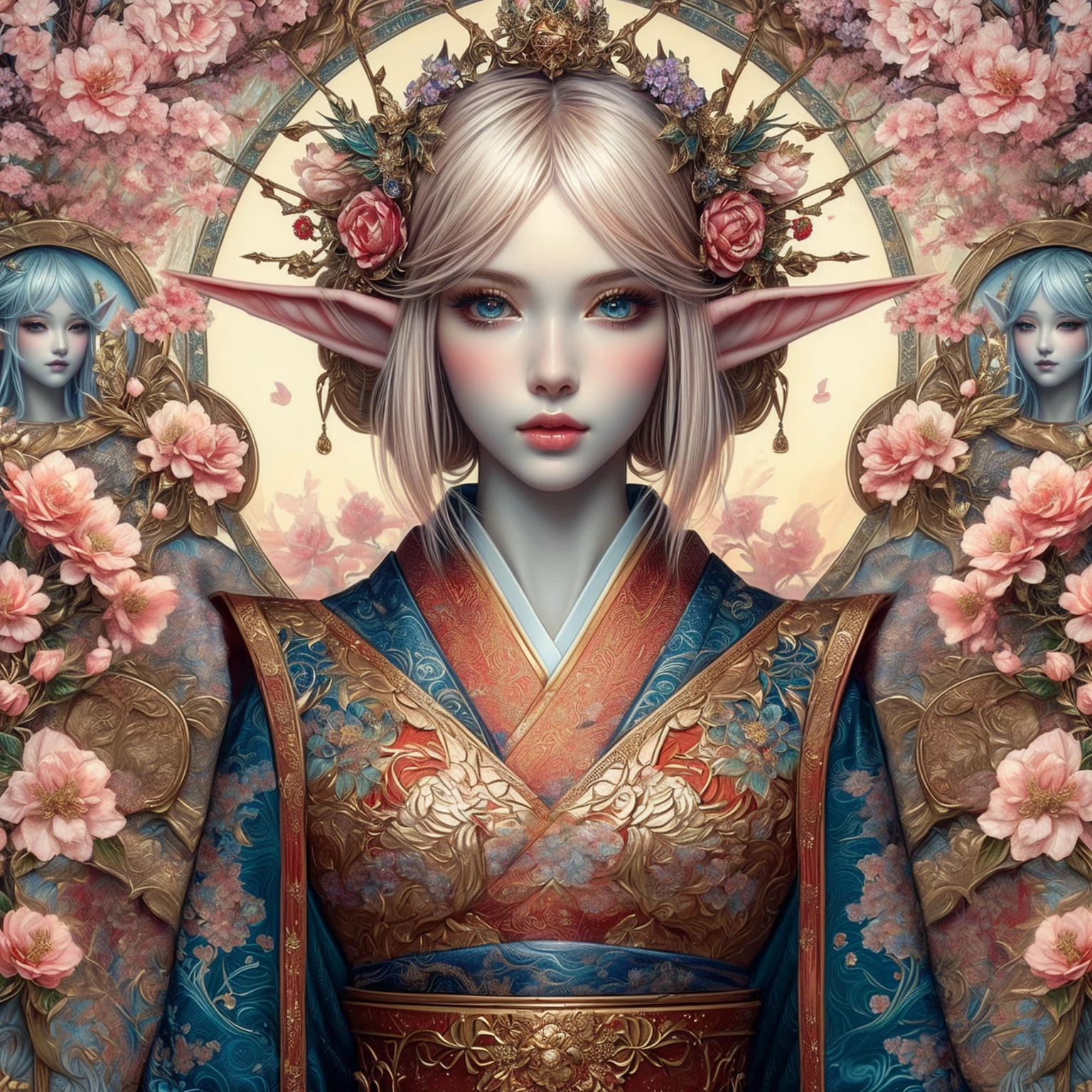 a painting of a woman with a flower crown, pop japonisme 3 d ultra detailed, beautiful elf with ornate robes, portrait of very beautiful elf, japanese art style, japanese goddess, japanese fantasy, beautiful fantasy art portrait, anime fantasy illustration, detailed fantasy digital art, digital fantasy art ), anime fantasy artwork, beautiful and elegant elf queen, beautiful fantasy portrait