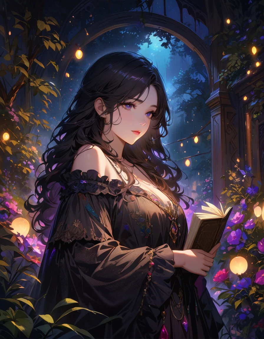 Detailed textures, high quality, high resolution, high accuracy, realism, color correction, correct lighting settings, harmonious composition. cover of the art book "Harlequin dreamer" gypsy girl, black hair, hazel eyes, black gypsy gown, night sky, flowers trees, fireflies, ambient moonlight, gem, jeweled