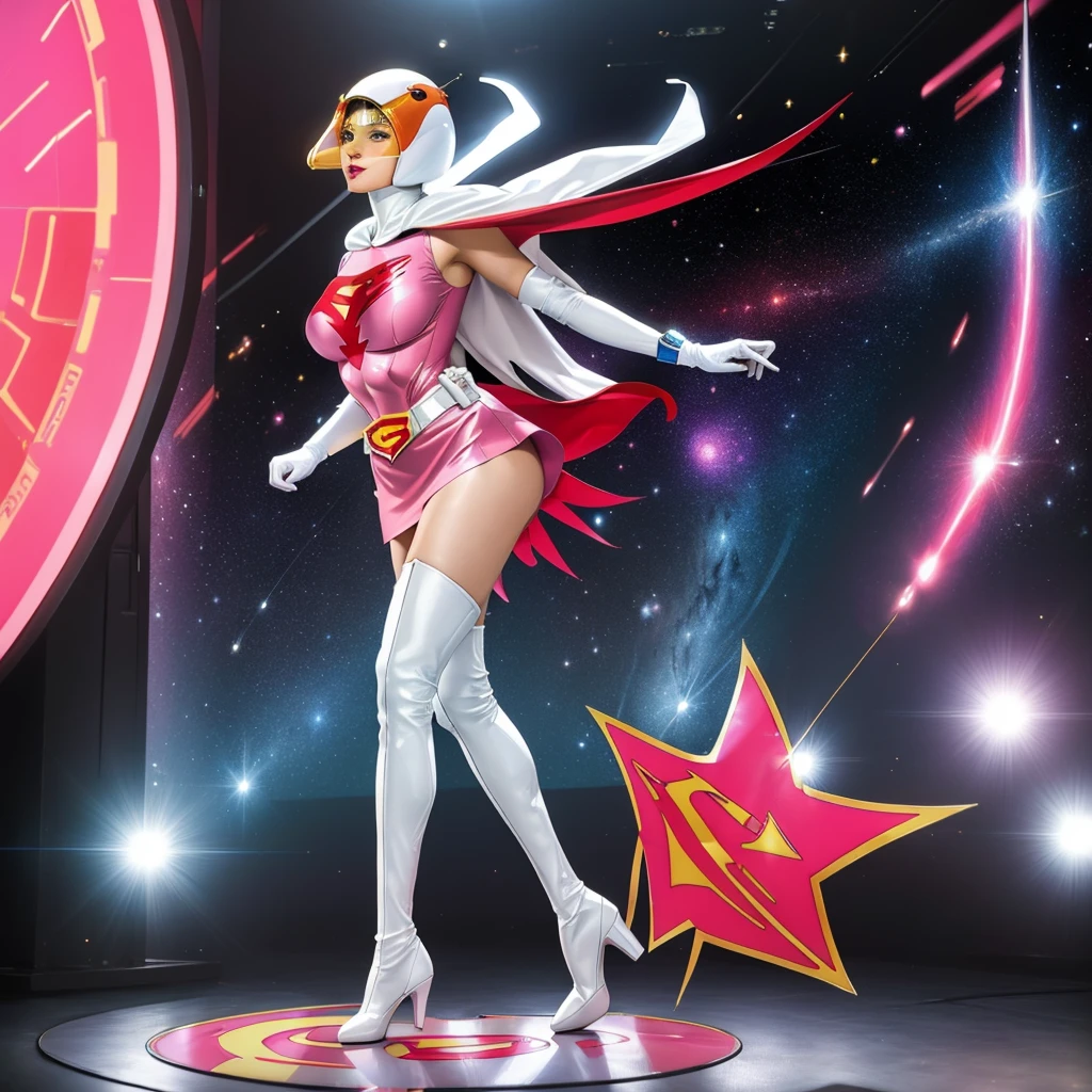 ANI_CLASSIC_jun_gatchaman_ownwaifu,1girl, 18yo,good anatomy, masterpiece, best quality,realistic, hyper realistic, 16k hdr, long hair,breasts,lips,large breasts,lipstick,makeup,gloves,cape,helmet,belt,elbow gloves,white gloves,mask,ultra miniskirt,leotard,spacesuit,white tight overknee highheels boots,pink dress,superhero,bodysuit,cleavage,erected nipples,(standing pose,front view),(spread legs:1.1),cameltoe