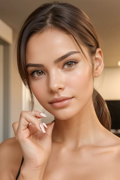 professional photo of a woman, pretty hands and nails, healthy fingers, natural skin texture with pores and veins, flirty pose, looking at viewer, early morning, closeup, score_9, score_8_up, score_7_up, score_6, score_5, score_4,