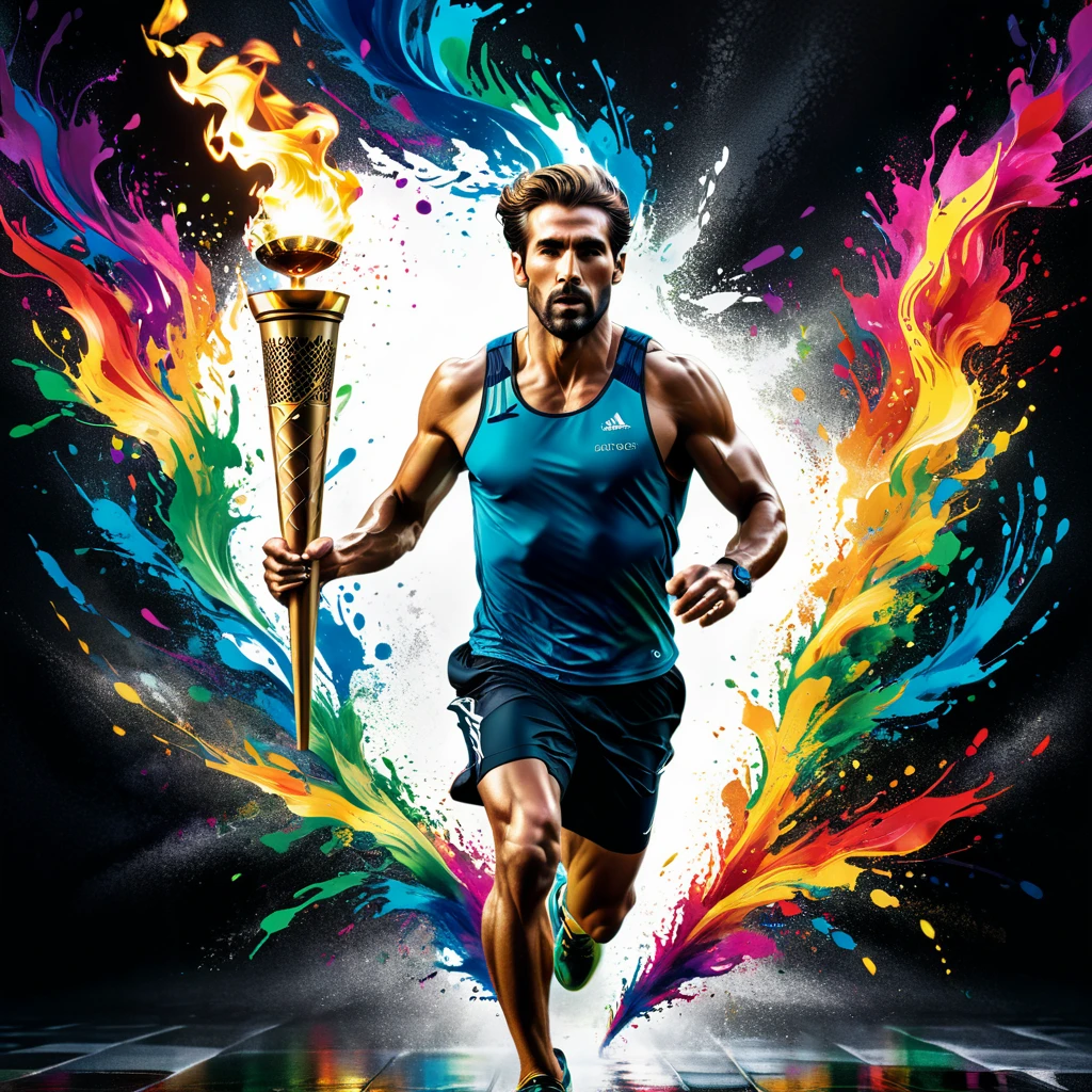 A (man:1.2) running with the (Olympic-torch:1.37), intricate rainbow ink splashes, abstract ink painting, dramatic lighting, cinematic composition, hyperrealistic, digital painting, 8k, incredibly detailed, vibrant colors, dynamic movement, dramatic shadows, stunning realism, photorealistic, masterpiece, HDR, UHD, studio lighting, ultra-fine painting, sharp focus, physically-based rendering, extreme detail description, professional, vivid colors, bokeh, portraits, concept artists, cinematic, dramatic, powerful, cinematic perspective, incredible detail, rich texture, vivid colors, powerful lighting