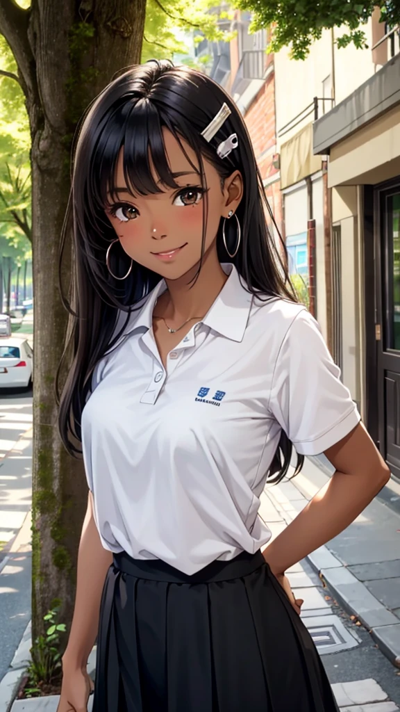 ((best quality)), ((masterpiece)), (details), one girl, sexy ((best quality)), ((masterpiece)), (details), one girl, sexy ((best quality)), ((masterpiece)), (details), one girl, full body, sexy expensive body, expensive, long legs, mature woman, mature, adult, it_nagatoro_main, Hayase Nagatoro, one girl, blushing, alone, white polo shirt, short sleeves, black hair,brown eyes, hair accessory, looking at viewer, hair clip, smiling, long hair, dark skinned woman, dark skin, , bangs, daytime, skirt, collared shirt, collarbone, ear clip, mouth closed, tree, asymmetrical bangs, upper body