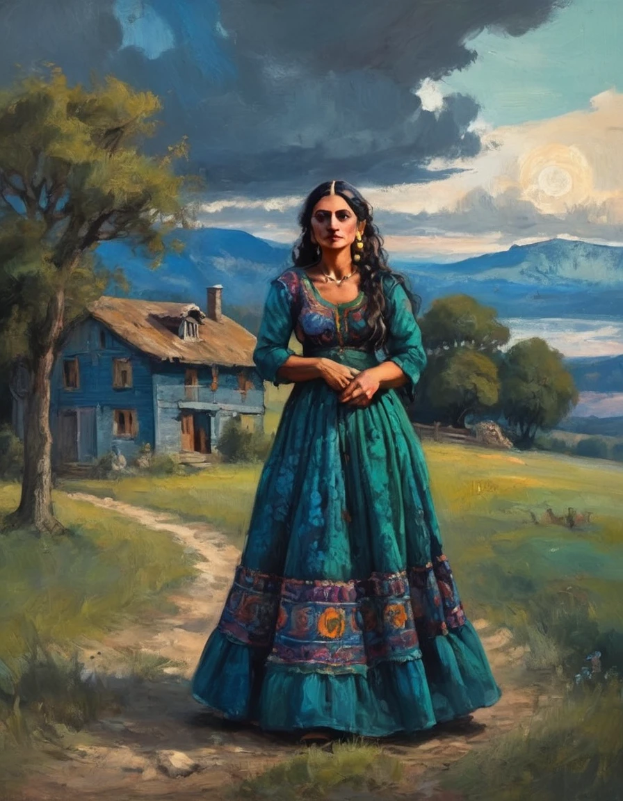 centralized oil painting a landscape panoramic view of with a beautifull landscape and one rustic house, full body a beautiful gypsy woman wearing a blue and dark green dress (4:8), acentuade collors, walking in front a house, night sky with full moon, night shadows,magnificent oil painting, artstation style, fantasy art style by Abigail Larson, high detail, 8k, style midjourney