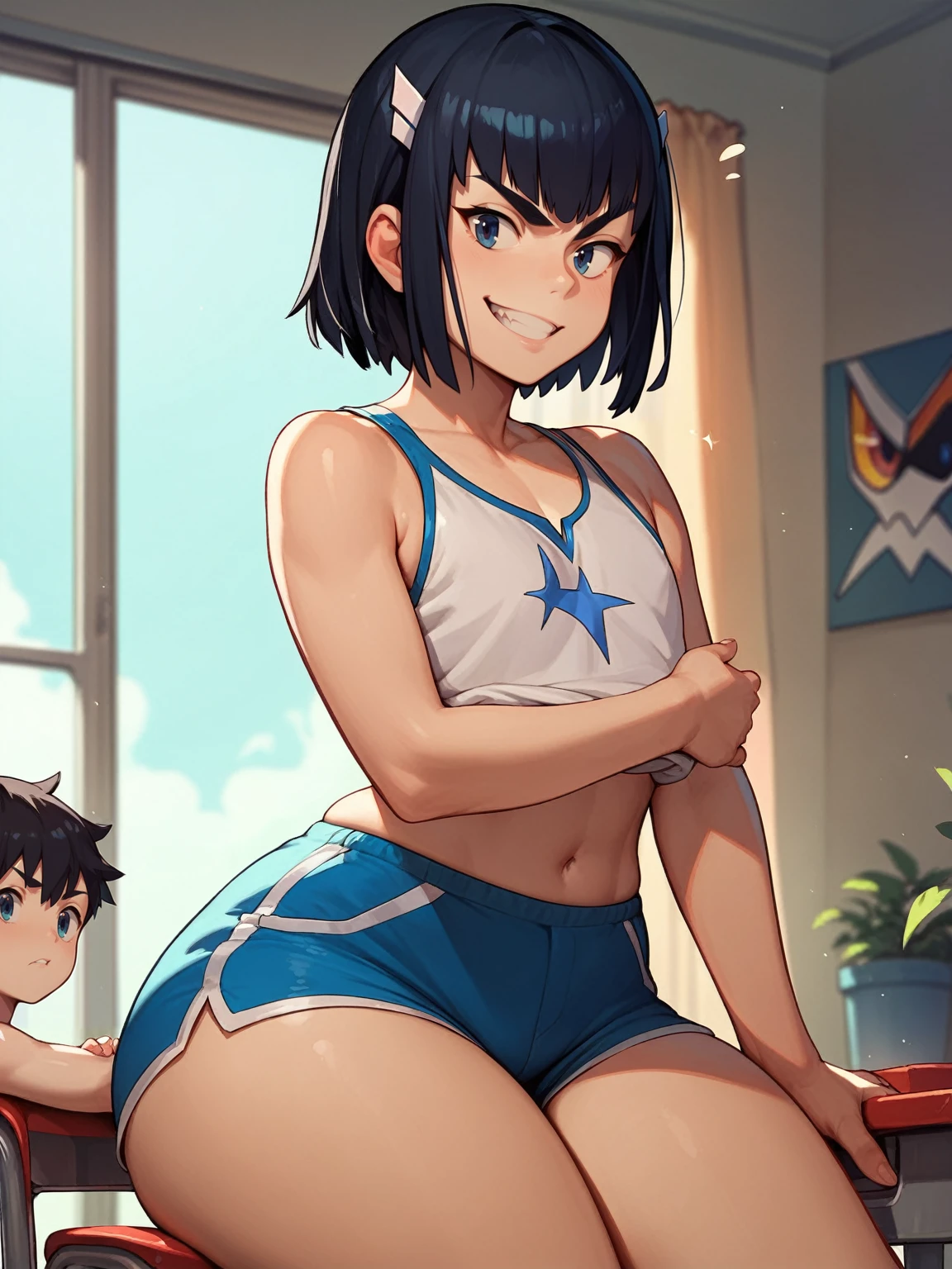 score_9, score_8_up, score_7_up, score_6_up, source_anime, 1boy, standing, kill la kill, satsuki kiryuin, indoors, short hair, ((shota)), huge thighs, shorts, grin, sitting