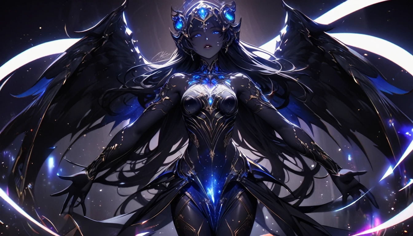 (((This is a dark image))). Generate a dark celestial woman with ((extremely perfect)) eyes and (((pure black galaxy skin))). Her ((onyx black)) but (soft) face should be highly detailed and realistically shaded with puffy lips. Her wings are delicate but stunning, with many small fantasy details. This is a (((masterpiece))). Utilize dynamic composition and expressions to create a cinematic experience. Include glittering and delicate jewelry. The background of the image should be pure back, leaving the woman as the focal point of the image. ((dark celestialskin body, void cosmic body)), ornate, (((dark background))), (((lights off))), (((hollywood dark)))