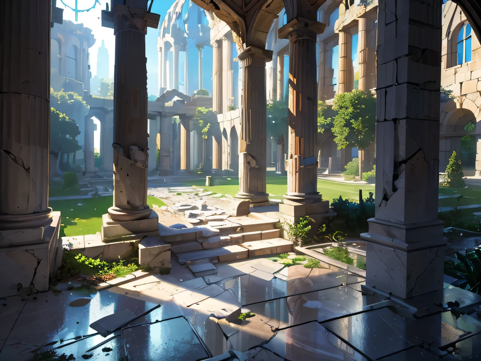 high resolution,High definition,high quality,landscape,realistic, magical academy, greek pillar, ruined marble floor, stained glass high in back, leads to garden, trees, battle damage, broken tables and chairs, mid angle