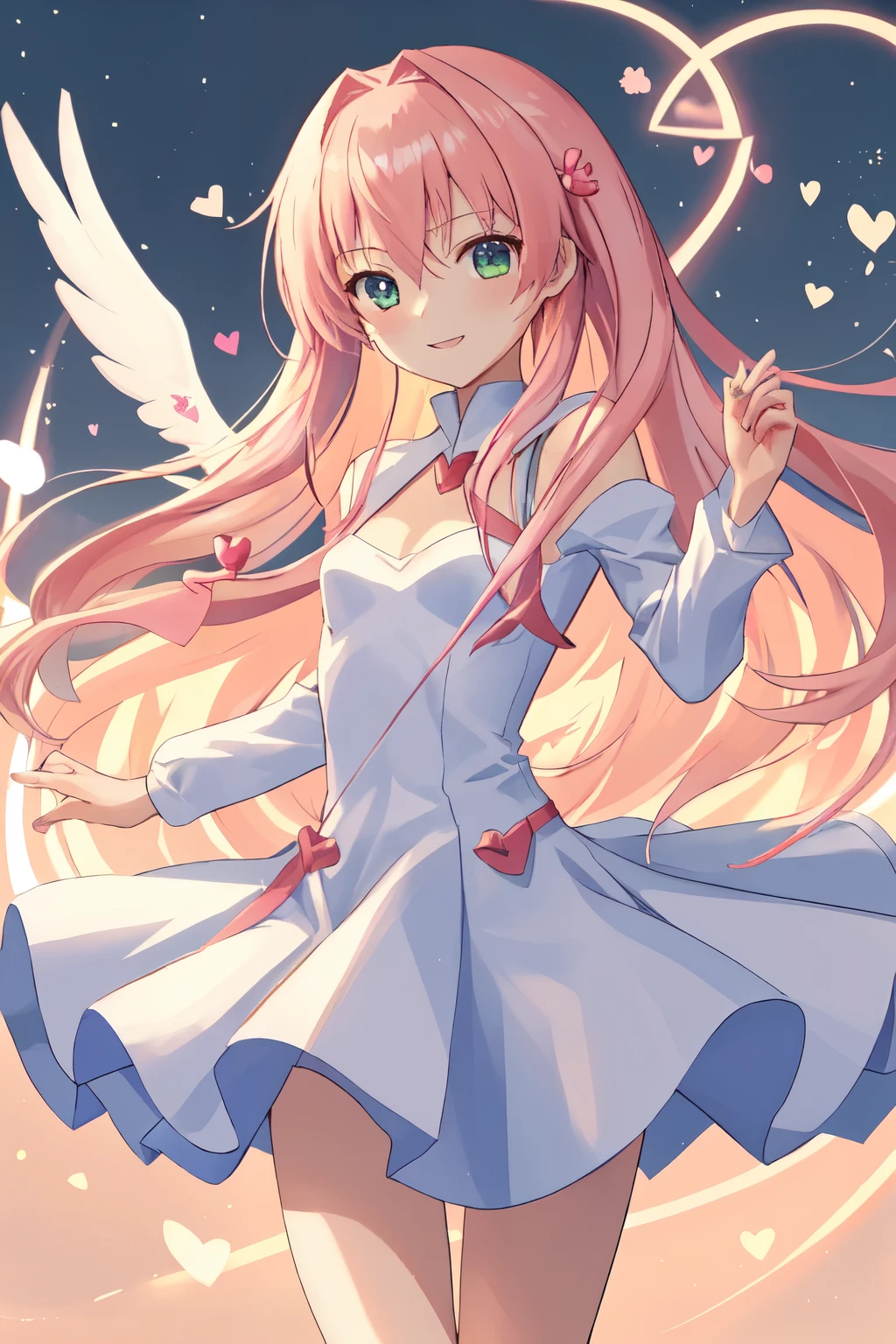 1_girl, (anime, kawai:2), (masterpeice, best_quality, clean:1.5), (sky_background:1.2), (cute, cute_smile, wholesome, young:2), (delicate, extremely_delicate, beautiful, thin:1.5), (girlfriend, angel:1.8), (green_eyes, simple_eyes:1.8) (long_hair, blond_hair:1.8), (combat:1.2), (wearing_pink_dress, pink_angel_wings:1.8), (combat:1.2), extremely_delicate, (love_magic:1.5), (age_size_fits_body), (small_thighs:1.3), (breasts), (eye_level:1.3), (heart_magic, love:1.8), (warm:1.8), (folded_legs:1.5)