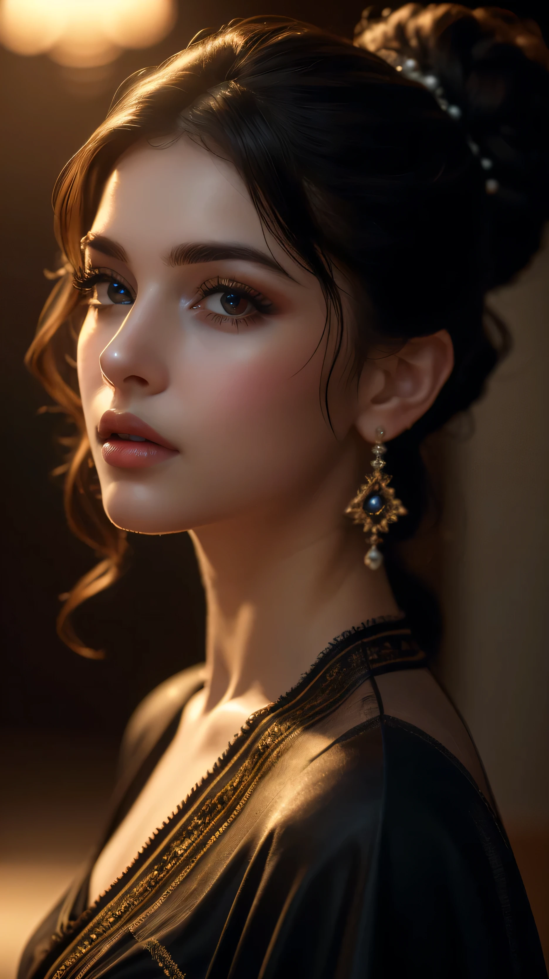 (((ultra realistic))) Photo, masterpiece, top quality, (pale skin), (Ultra detailed face and eyes:1.3), Indian 1 girl, in a beautiful black(goldon embroidery)dress, (Eye makeup, mascara) , (a close up portrait of a beautiful woman with long brown messy bun, curly hair), wearing a black dress, gorgeous detailed face, extremely beautiful delicate features, piercing eyes, luscious lips, flawless skin, stunning portrait, high quality, cinematic lighting, photorealistic, masterpiece, dramatic depth of field, soft elegant expression, elegant and serene, professional portrait photography, beautiful model, gorgeous female portrait, incredible realismof field, bokeh, (special attention to skin detail: 1.2), Detailed leather texture, skin pores. (Airy atmosphere of the frame), UDR, ((Film grain)), ((rays)), ((Glare)), ((side angle portrait, viewing towards the camera)) , ultra detailed, KISSING:1.1