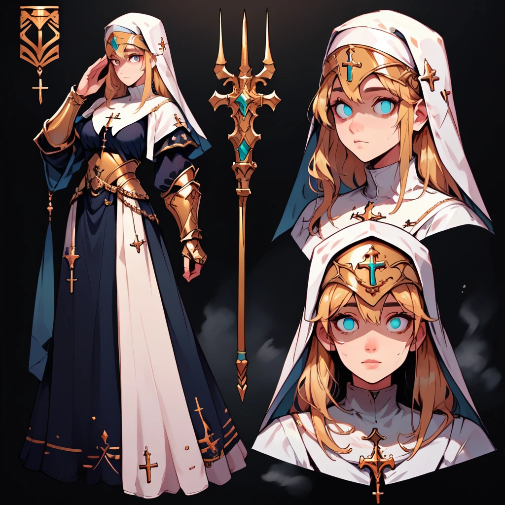 score_9, score_8_up, score_7_up, nun girl, armor, helmet, golden shoulders, looking at viewer, cute, simple black background, dynamic pose, reference sheet, (full body, from side, front:1.1), bangs covering face, cold look, empty eyes, upper body, cartoon, CharacterDesignXL