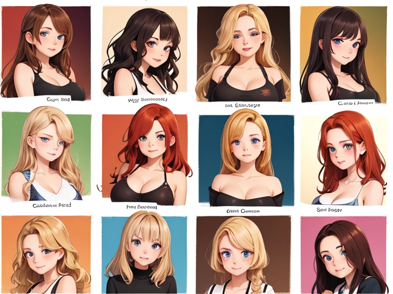 (Best quality, masterpiece), group photo of 8 very different beautiful students, different emotions, Free postures, Different hair colors(among them there is only one redhead, 3 blondes, 2 brown-haired and 2 brunettes), Different hairstyles, different hair lengths, different eye colors, Different physiques, Different breast sizes, (There's definitely 1 moody, flat-chested Asian brunette, 1 muscular blonde with short hair, 1 long haired redhead, 1 brunette hippie with pigtails, necessarily 1 brown-haired woman with a flat chest, 1 short round brown-haired woman), graduation photo album, beautiful faces, upper body, humor